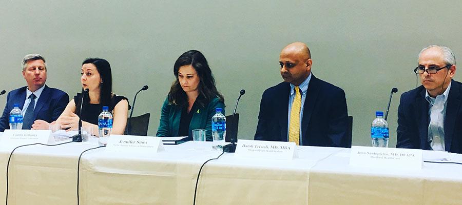 From left to right,  Erik Rasmussen, Vice President, AHA; Caitlin Gillooley, Senior Associate Director, Policy, AHA; Jennifer Snow, Director, Public Policy, NAMI, National Alliance on Mental Illness; Harsh Trivedi, M.D., President and CEO, Sheppard Pratt Health System; and John Santopietro, M.D., Senior Vice President, Hartford HealthCare, on the panel at today's behavioral health briefing on Capitol Hill.