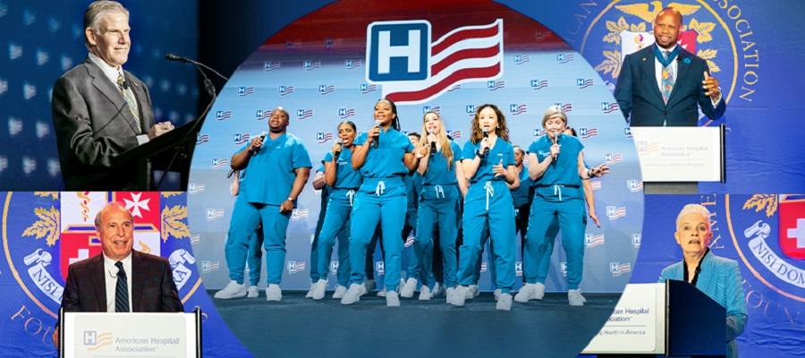 2022 AHA AM Collage (Day 2). Rick Pollack, President and CEO, American Hospital Association. Wright L. Lassiter III, President and CEO of Henry Ford Health, Chair of the American Hospital Association. Rod Hochman, M.D., Providence President and CEO and Immediate Past Board Chair of the American Hospital Association. Melinda L. Estes, M.D., President and CEO of Saint Luke's Health System. Northwell Health Nurse Choir.