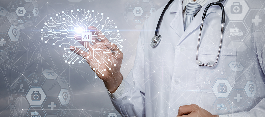 FDA issues draft guidance on marketing submissions for AI-enabled medical devices. A doctor in a white lab coat with a stethoscope around his neck makes adjustments to an AI brain.