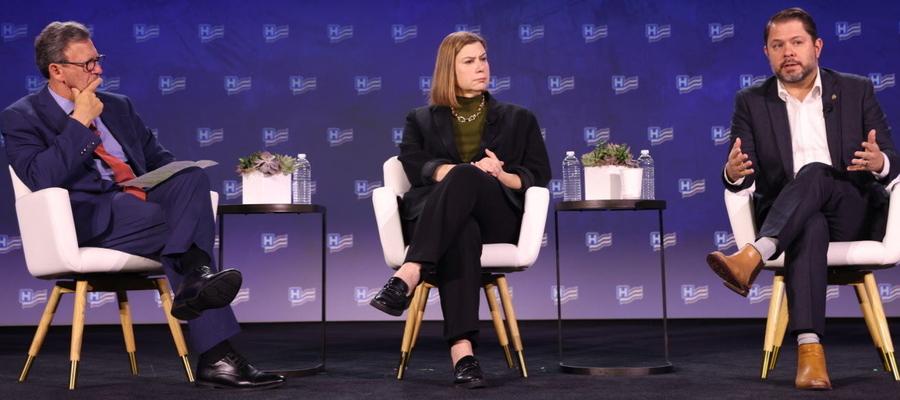 Sens. Elissa Slotkin, D-Mich., and Ruben Gallego, D-Ariz speaking at the 2025 AHA Annual Membership Meeting