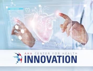 AHA Center for Health Innovation logo. A doctor looking at a virtual scan of a patients  heart.