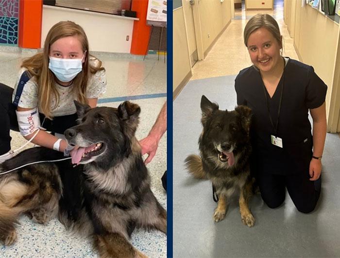Corewell Health K9 security officer Rex and patient tech Grace Bing