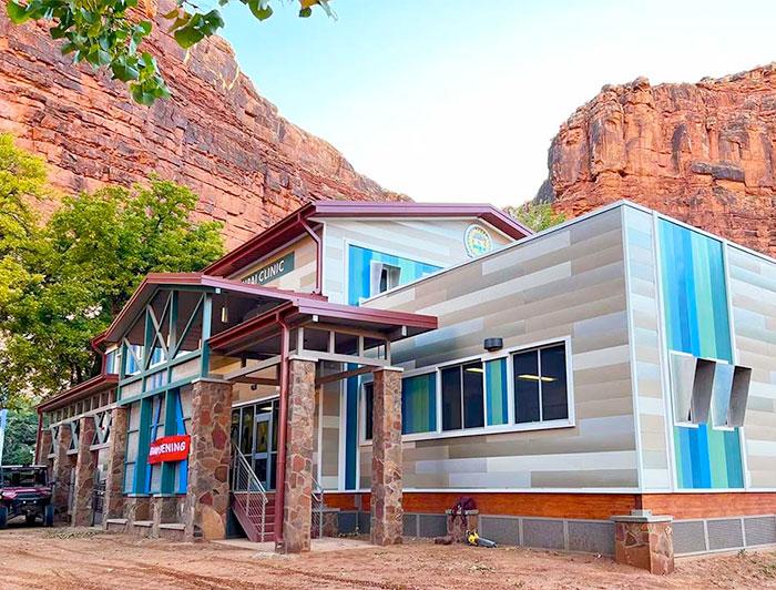 Supai Health Station exterior shown with red cliffs in background