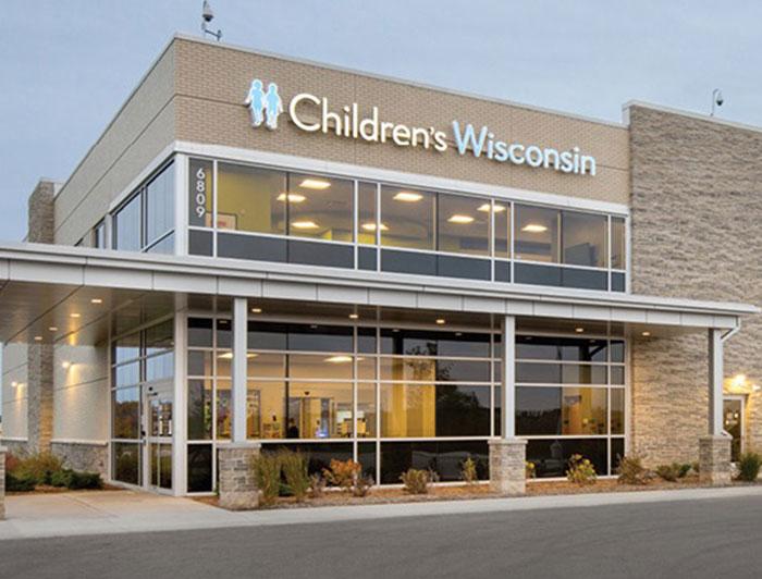 Children's Wisconsin pediatric mental health clinic exterior at dusk