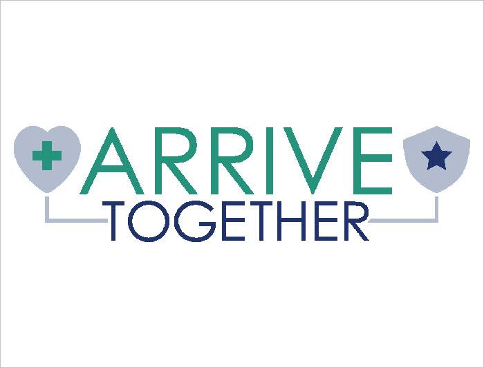 Arrive Together text is flanked by a cross in a heart on the left and a star in a shield on the right
