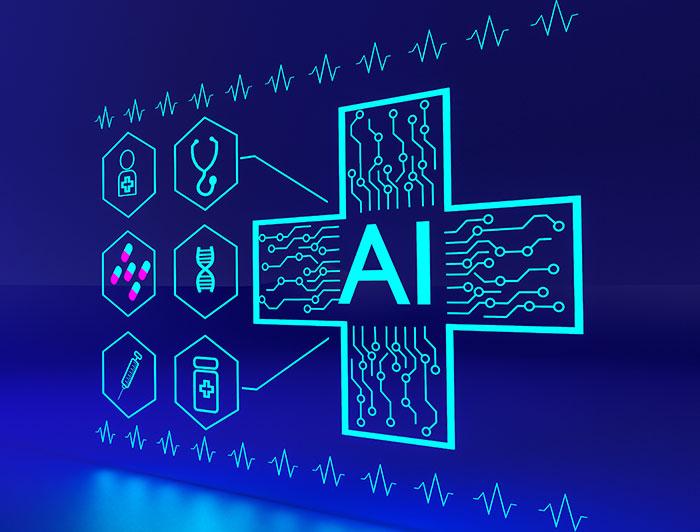 Stock rendering representing AI in medicine digital touchscreen with medical icons