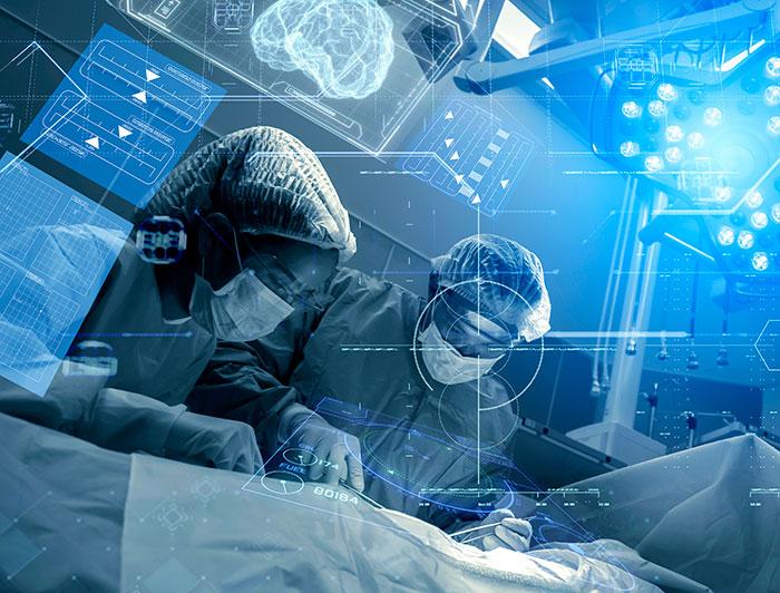 Stock surgical tech concept composite image shows surgeons operating with an overlay of holographic medical information