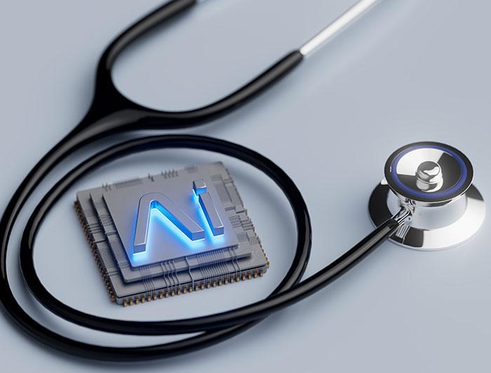 Stock. Stethoscope coiled around a computer chip bearing a glowing AI symbol