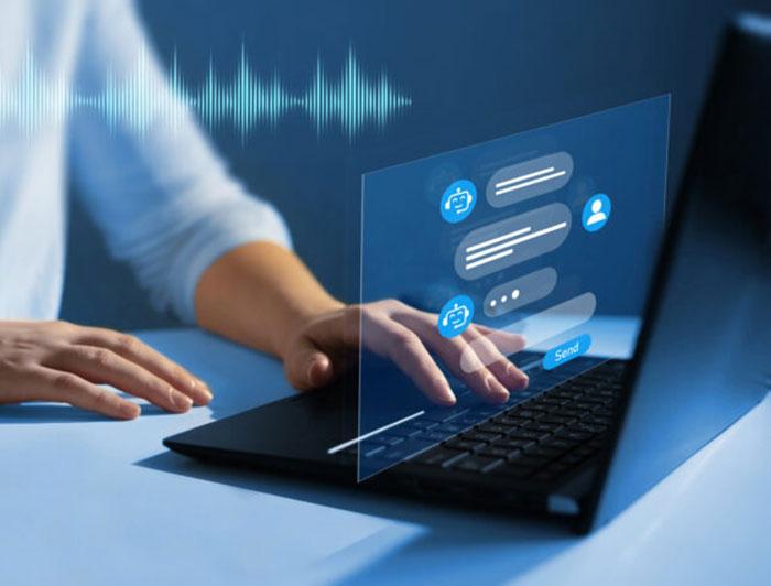 Stock composite image of holographic screen over hands on a laptop keyboard