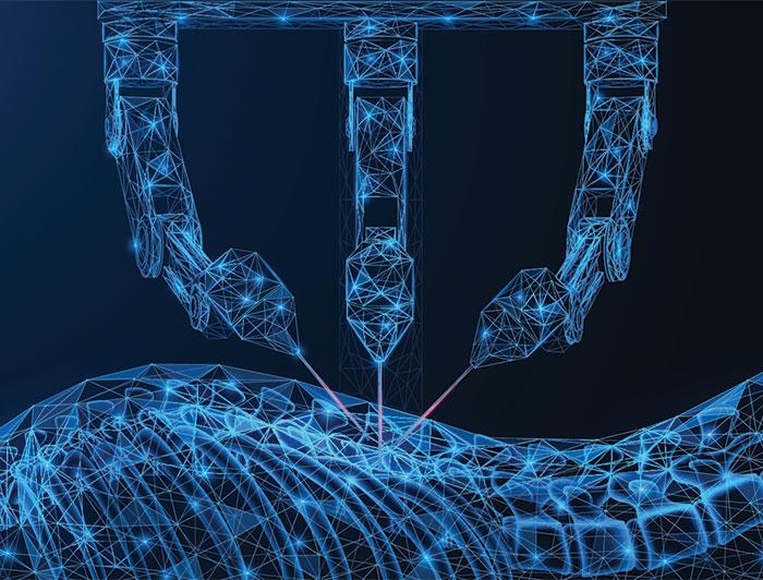 Diagram of a spine being operated on by three a arms of laser surgical device