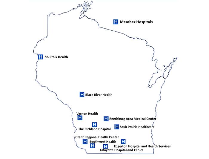 Map of Wisconsin marks AHA member hospitals participating in the Wisconsin High Value Network