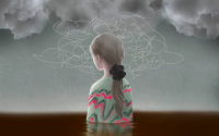 How Hospitals Are Reengineering Pediatric Behavioral Health Care. A child standing in waist-deep dark water under a cloudy sky with her head surrounded by the confusion of behavioral health issues.